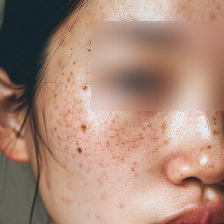 Woman with severe case of acne pigmentation on her face.