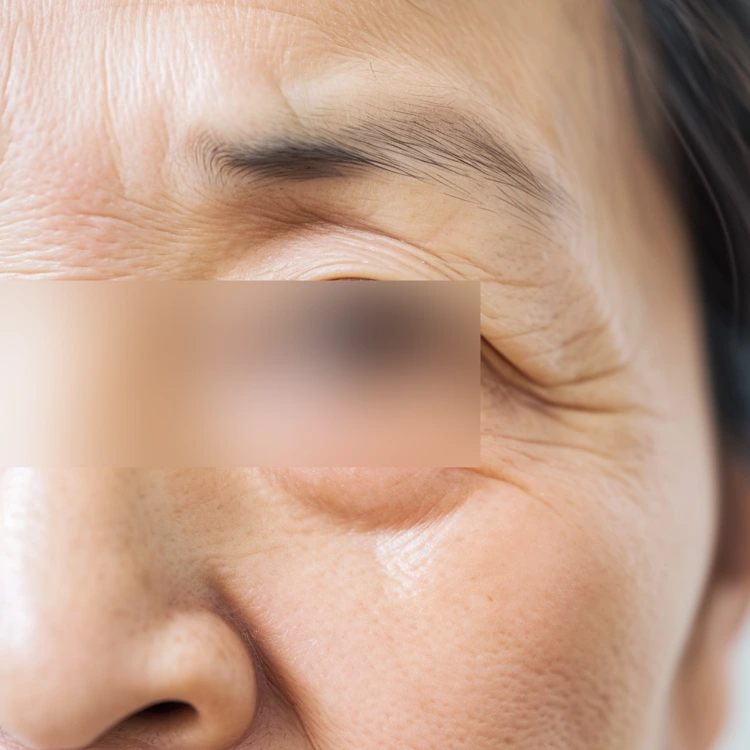 Elderly woman with noticeable wrinkles and lines around her eyes.