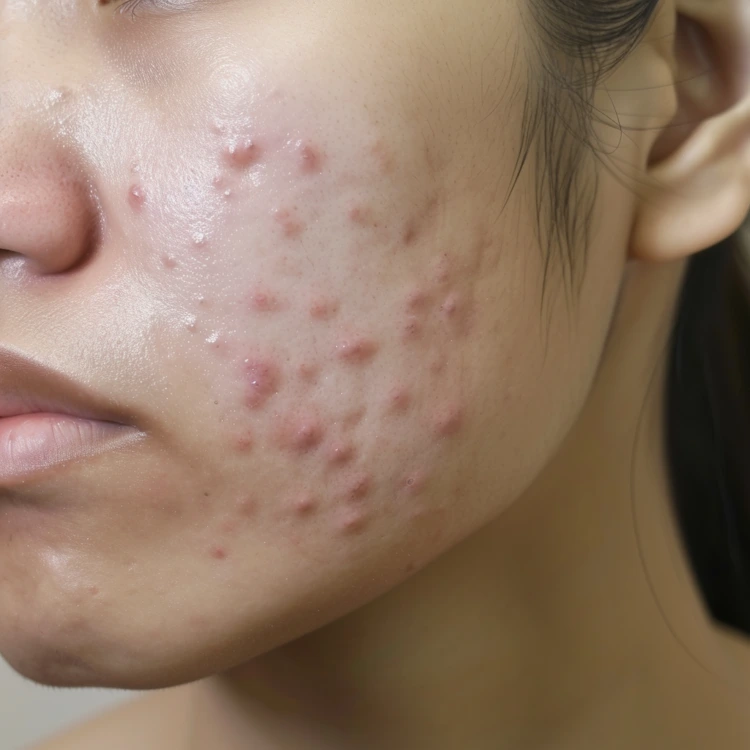 Woman with severe case of acne and acne scars on her face.