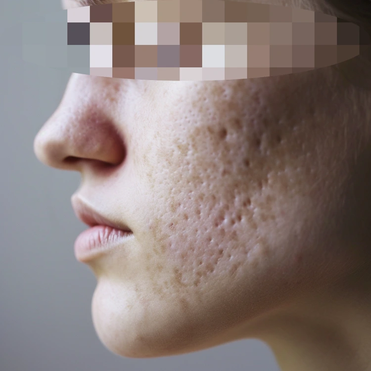 Man with severe case of acne scars on his face.